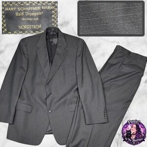 VTG Hart Schaffner Marx Gold Trumpeter Suit Men 46L Gray Pinstripe Union USA